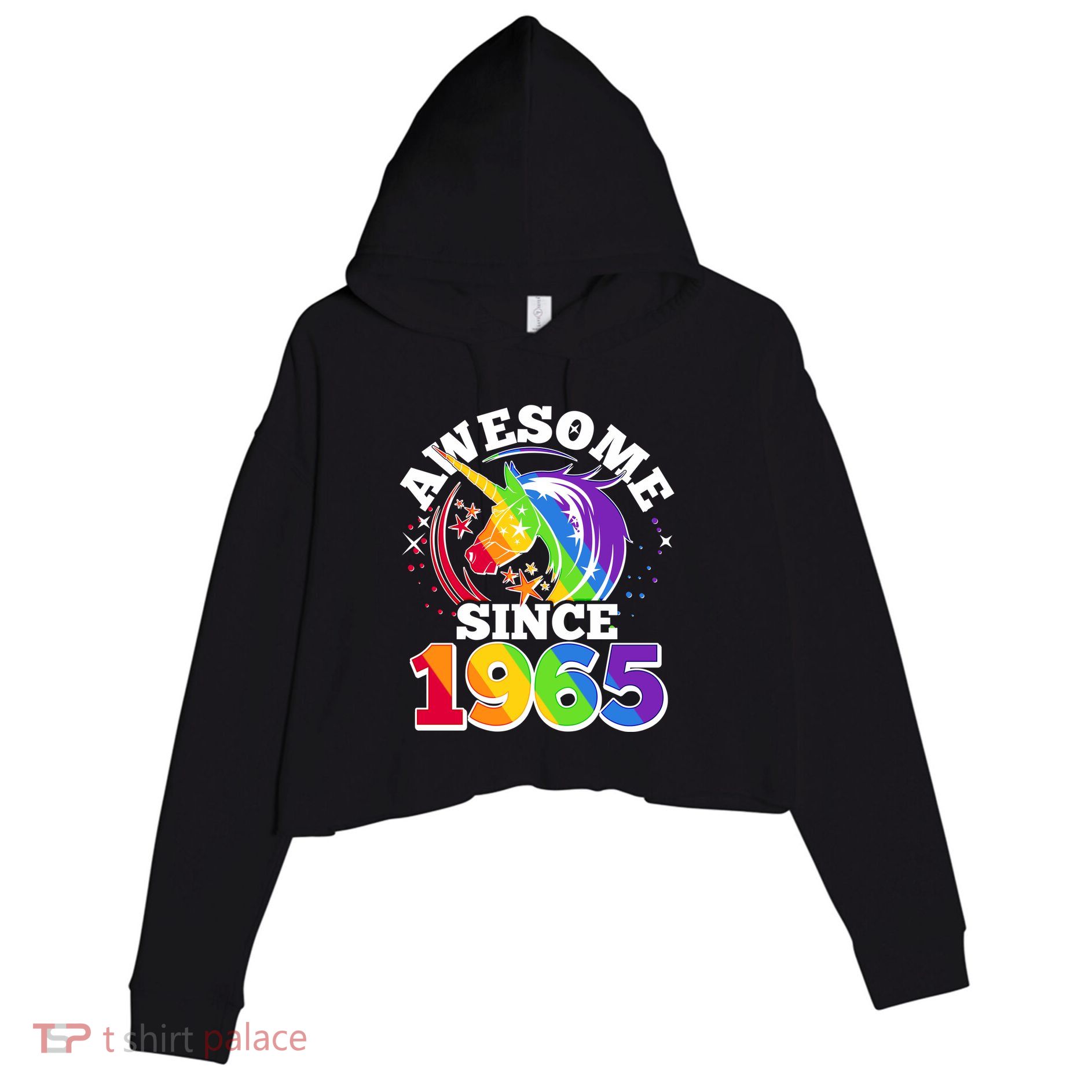 Rainbow Unicorn Awesome Since 1965 60th Birthday Crop Fleece Hoodie
