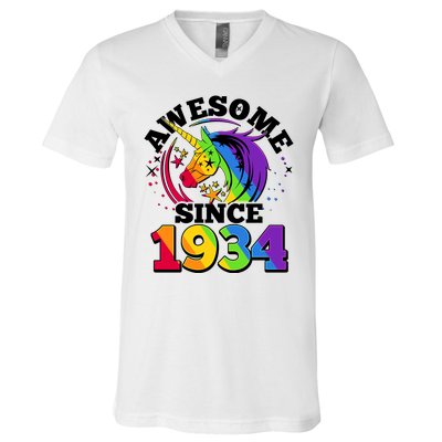 Rainbow Unicorn Awesome Since 1934 90th Birthday V-Neck T-Shirt