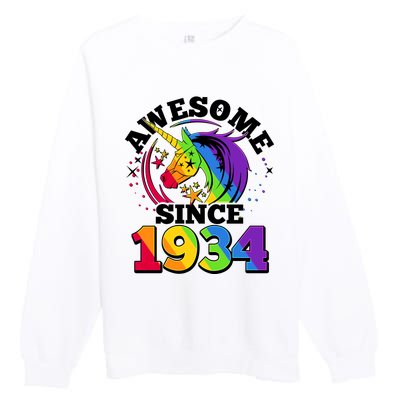 Rainbow Unicorn Awesome Since 1934 90th Birthday Premium Crewneck Sweatshirt