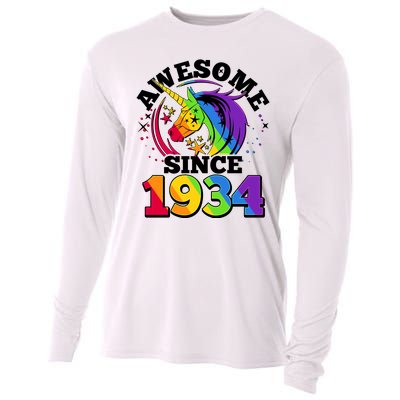 Rainbow Unicorn Awesome Since 1934 90th Birthday Cooling Performance Long Sleeve Crew