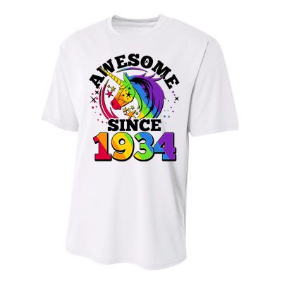 Rainbow Unicorn Awesome Since 1934 90th Birthday Performance Sprint T-Shirt