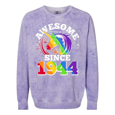 Rainbow Unicorn Awesome Since 1944 80th Birthday Colorblast Crewneck Sweatshirt