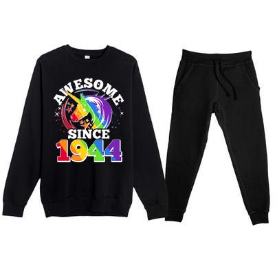 Rainbow Unicorn Awesome Since 1944 80th Birthday Premium Crewneck Sweatsuit Set