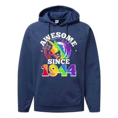 Rainbow Unicorn Awesome Since 1944 80th Birthday Performance Fleece Hoodie