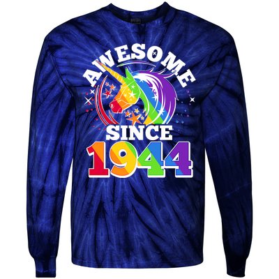 Rainbow Unicorn Awesome Since 1944 80th Birthday Tie-Dye Long Sleeve Shirt