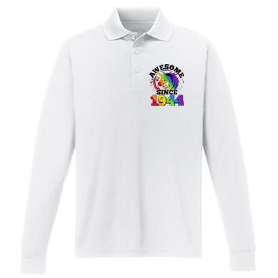 Rainbow Unicorn Awesome Since 1944 80th Birthday Performance Long Sleeve Polo