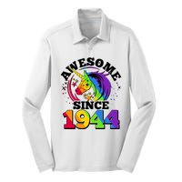 Rainbow Unicorn Awesome Since 1944 80th Birthday Silk Touch Performance Long Sleeve Polo