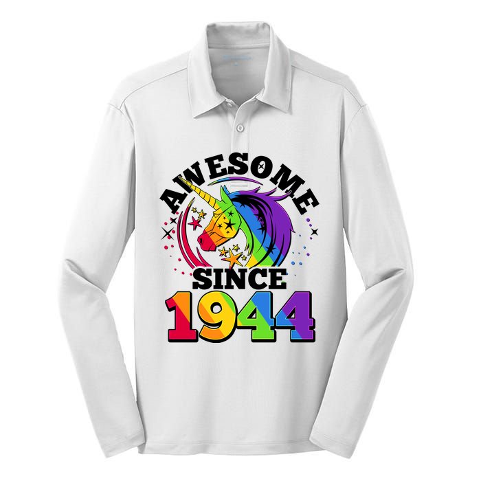 Rainbow Unicorn Awesome Since 1944 80th Birthday Silk Touch Performance Long Sleeve Polo