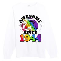 Rainbow Unicorn Awesome Since 1944 80th Birthday Premium Crewneck Sweatshirt