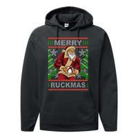 Rugby Ugly Christmas Santa Merry Ruckmas Xmas Performance Fleece Hoodie