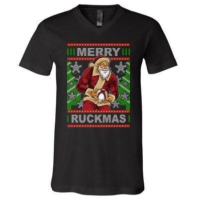 Rugby Ugly Christmas Santa Merry Ruckmas Xmas V-Neck T-Shirt