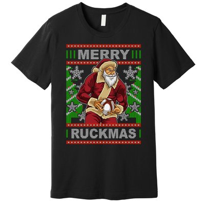 Rugby Ugly Christmas Santa Merry Ruckmas Xmas Premium T-Shirt