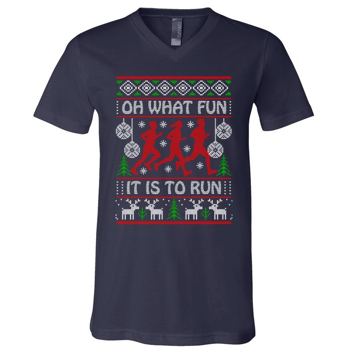 Running Ugly Christmas "Oh What Fun It Is To Run" Funny Ugly V-Neck T-Shirt