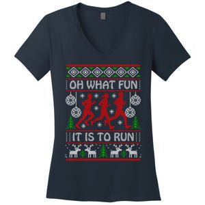 Running Ugly Christmas "Oh What Fun It Is To Run" Funny Ugly Women's V-Neck T-Shirt