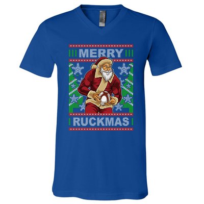 Rugby Ugly Christmas Santa Merry Ruckmas Xmas Great Gift V-Neck T-Shirt