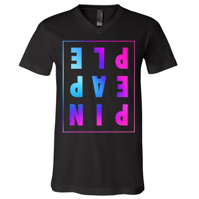 Retro Upside Down Pineapple Swinger Pastel Text Grid V-Neck T-Shirt