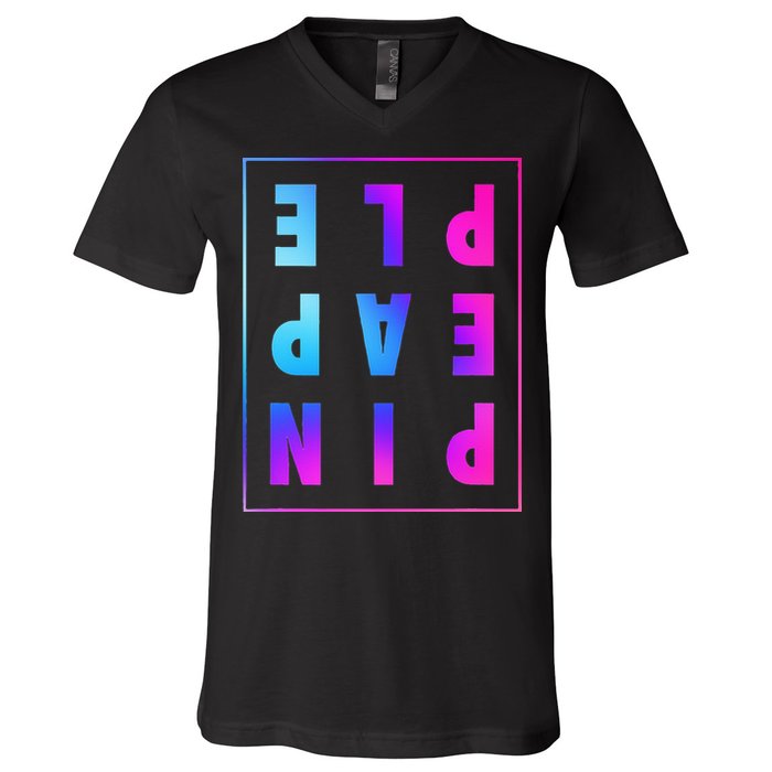 Retro Upside Down Pineapple Swinger Pastel Text Grid V-Neck T-Shirt