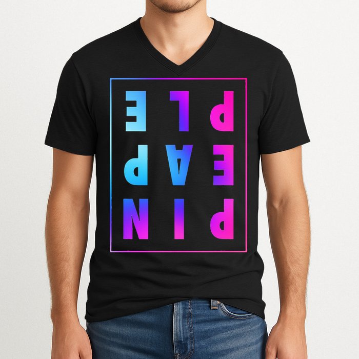 Retro Upside Down Pineapple Swinger Pastel Text Grid V-Neck T-Shirt