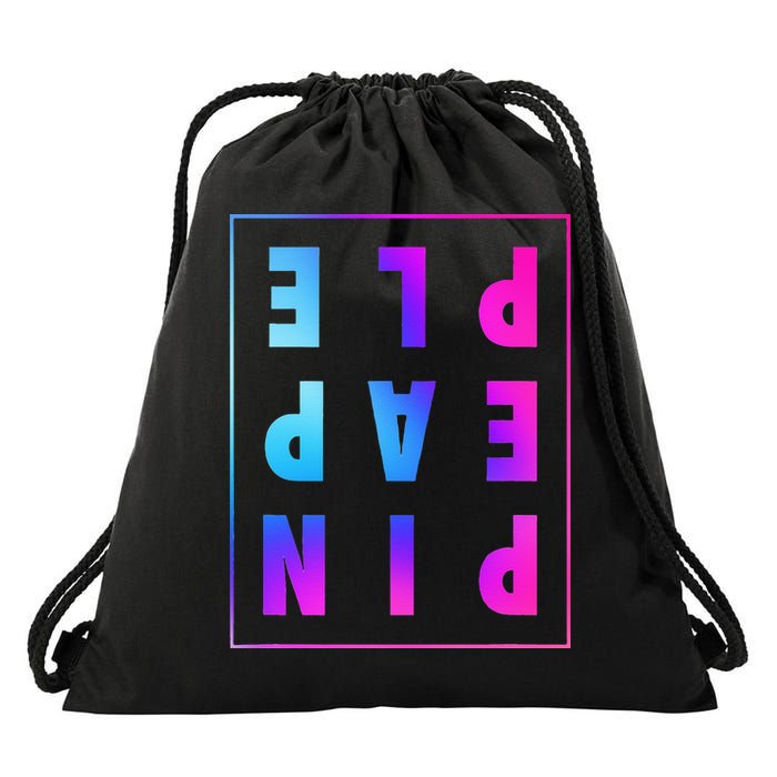 Retro Upside Down Pineapple Swinger Pastel Text Grid Drawstring Bag