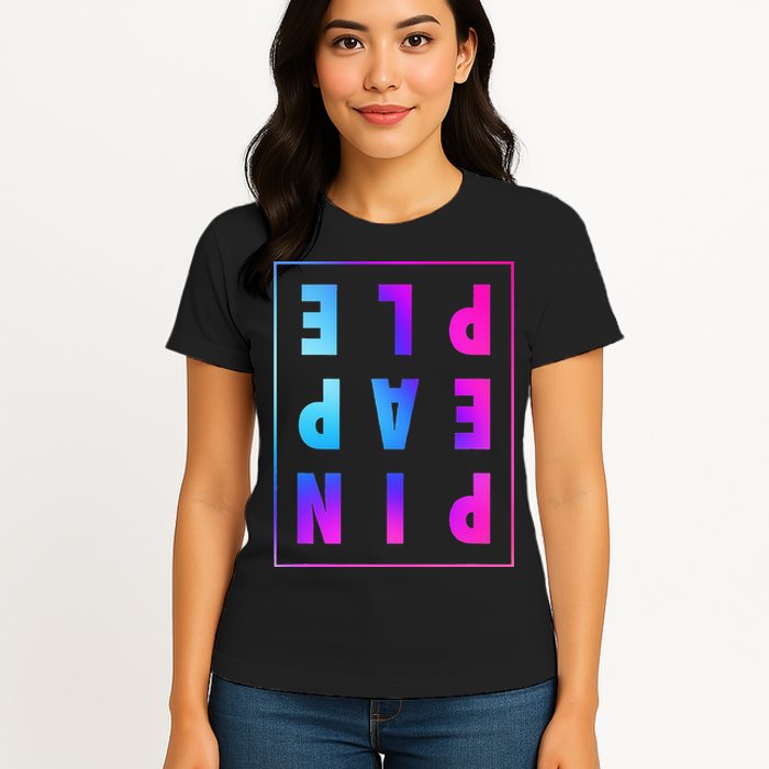 Retro Upside Down Pineapple Swinger Pastel Text Grid Womens T-Shirt