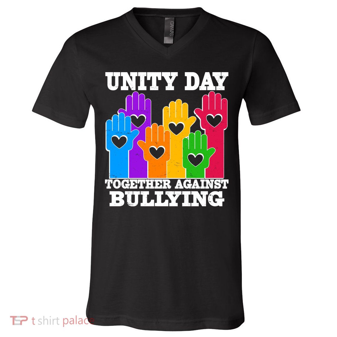 Retro Unity Day Together Against Bullying Raised Hands V-Neck T-Shirt