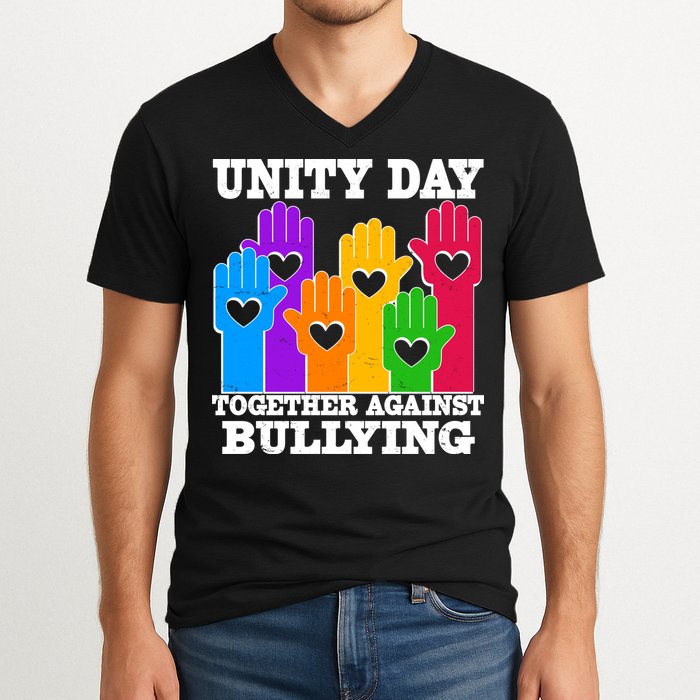 Retro Unity Day Together Against Bullying Raised Hands V-Neck T-Shirt