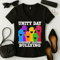 Retro Unity Day Together Against Bullying Raised Hands Women's V-Neck T-Shirt