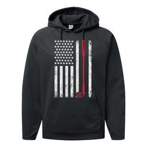 Retro USA Flag Distressed Golf Sport Lover Funny Performance Fleece Hoodie