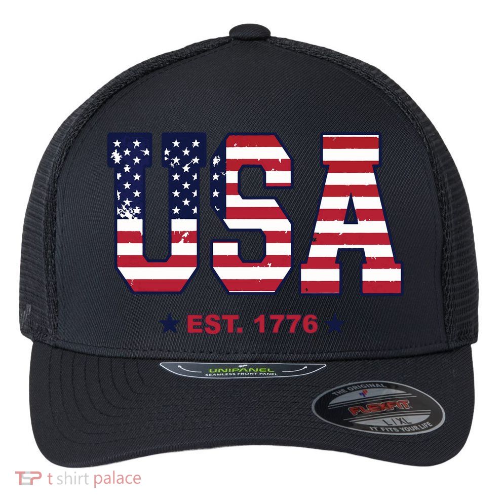 Retro Usa Flag Est. 1776 4th Of July Graphic American Flag Flexfit Unipanel Trucker Cap