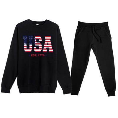 Retro Usa Flag Est. 1776 4th Of July Graphic American Flag Premium Crewneck Sweatsuit Set