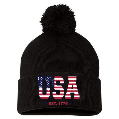 Retro Usa Flag Est. 1776 4th Of July Graphic American Flag Pom Pom 12in Knit Beanie