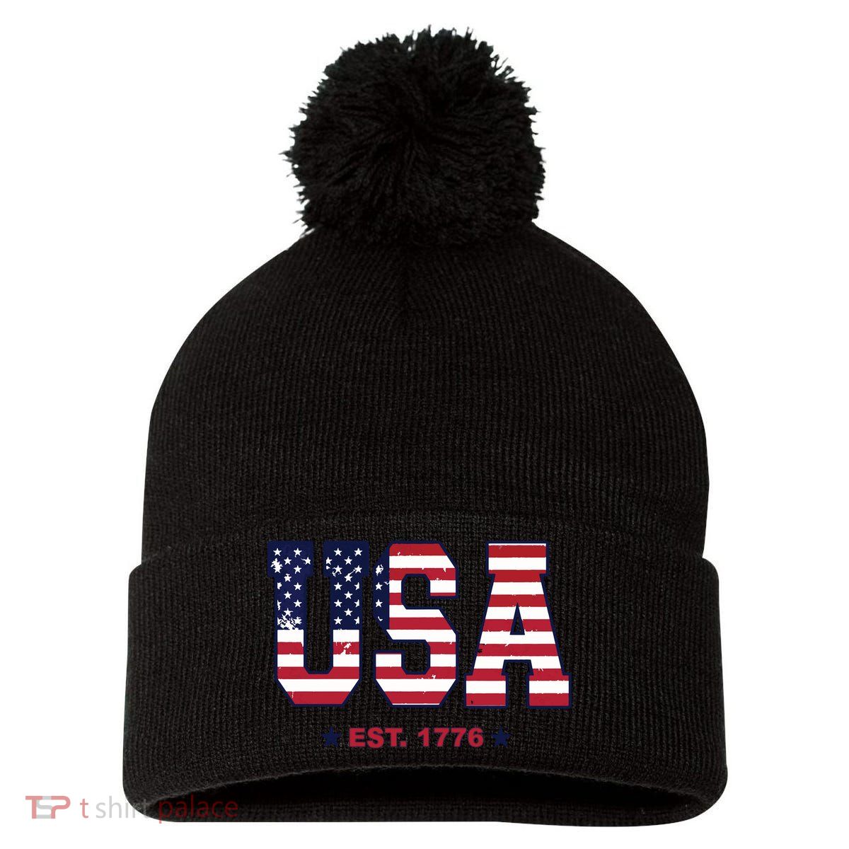 Retro Usa Flag Est. 1776 4th Of July Graphic American Flag Pom Pom 12in Knit Beanie