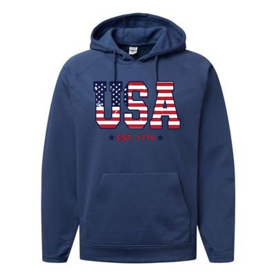 Retro Usa Flag Est. 1776 4th Of July Graphic American Flag Performance Fleece Hoodie