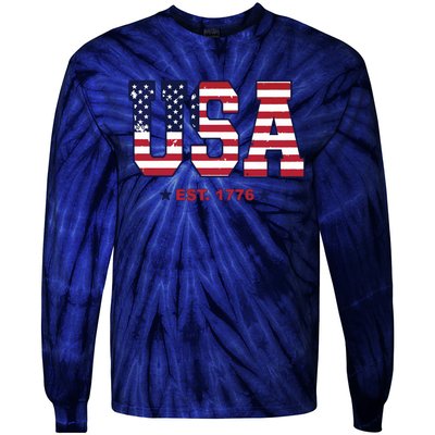 Retro Usa Flag Est. 1776 4th Of July Graphic American Flag Tie-Dye Long Sleeve Shirt