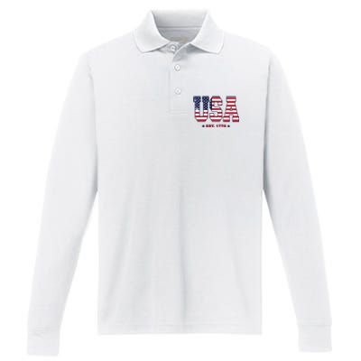 Retro Usa Flag Est. 1776 4th Of July Graphic American Flag Performance Long Sleeve Polo