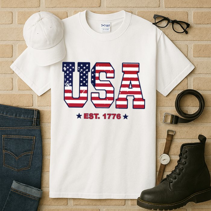 Retro Usa Flag Est. 1776 4th Of July Graphic American Flag Tall T-Shirt