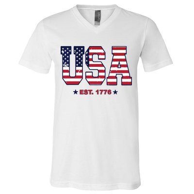 Retro Usa Flag Est. 1776 4th Of July Graphic American Flag V-Neck T-Shirt
