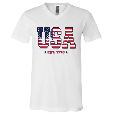 Retro Usa Flag Est. 1776 4th Of July Graphic American Flag V-Neck T-Shirt