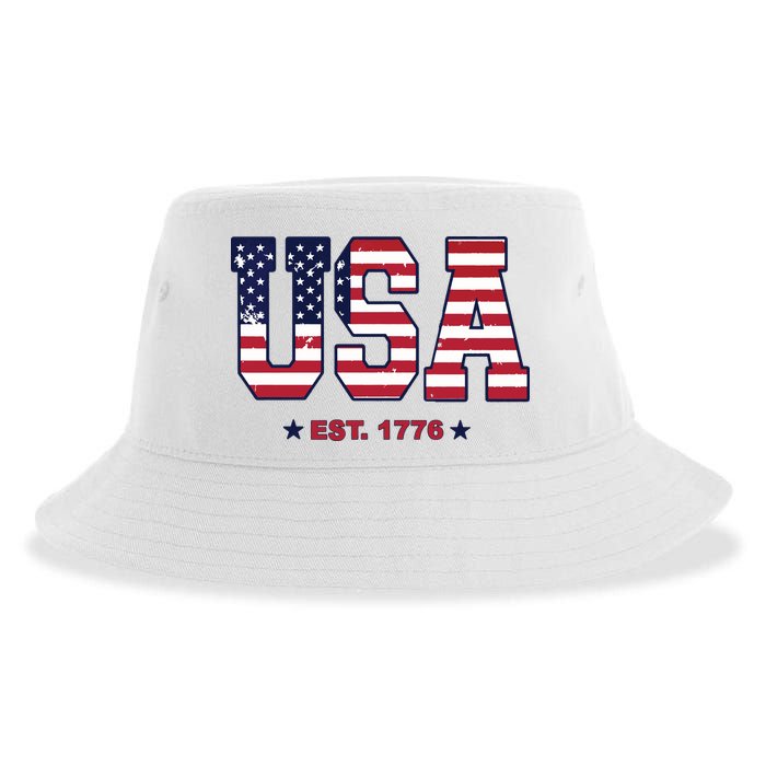 Retro Usa Flag Est. 1776 4th Of July Graphic American Flag Sustainable Bucket Hat