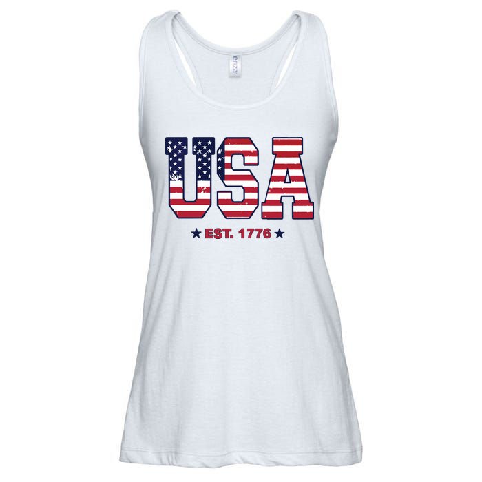 Retro Usa Flag Est. 1776 4th Of July Graphic American Flag Ladies Essential Flowy Tank