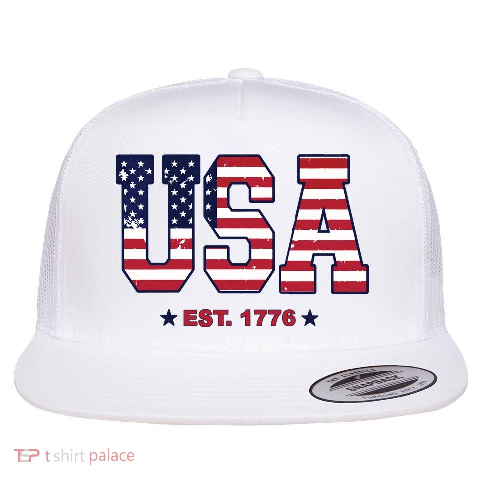 Retro Usa Flag Est. 1776 4th Of July Graphic American Flag Flatbill Hat