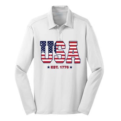 Retro Usa Flag Est. 1776 4th Of July Graphic American Flag Silk Touch Performance Long Sleeve Polo