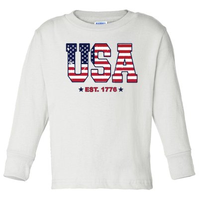 Retro Usa Flag Est. 1776 4th Of July Graphic American Flag Toddler Long Sleeve Shirt