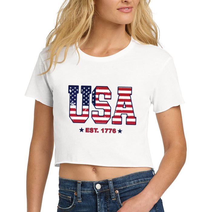 Retro Usa Flag Est. 1776 4th Of July Graphic American Flag Crop Top