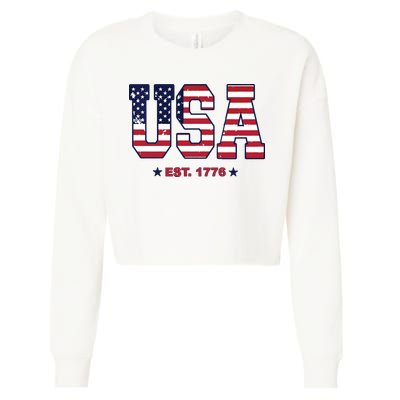 Retro Usa Flag Est. 1776 4th Of July Graphic American Flag Cropped Pullover Crew