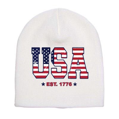Retro Usa Flag Est. 1776 4th Of July Graphic American Flag Short Acrylic Beanie