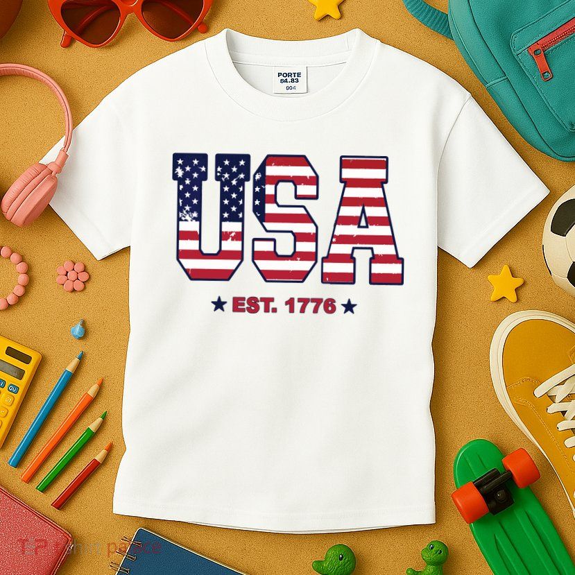 Retro Usa Flag Est. 1776 4th Of July Graphic American Flag Kids T-Shirt