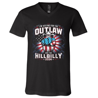 Retro Us Flag Outlaw Hillbilly 2024 Trump Vance 2024 V-Neck T-Shirt