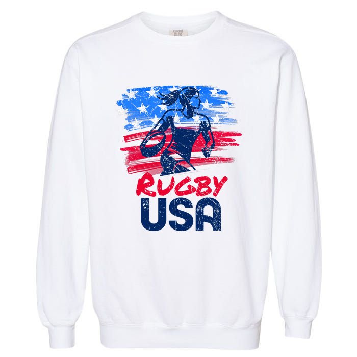 Rugby Usa Flag Women Player Rugby Sevens American Patriotic Garment-Dyed Sweatshirt