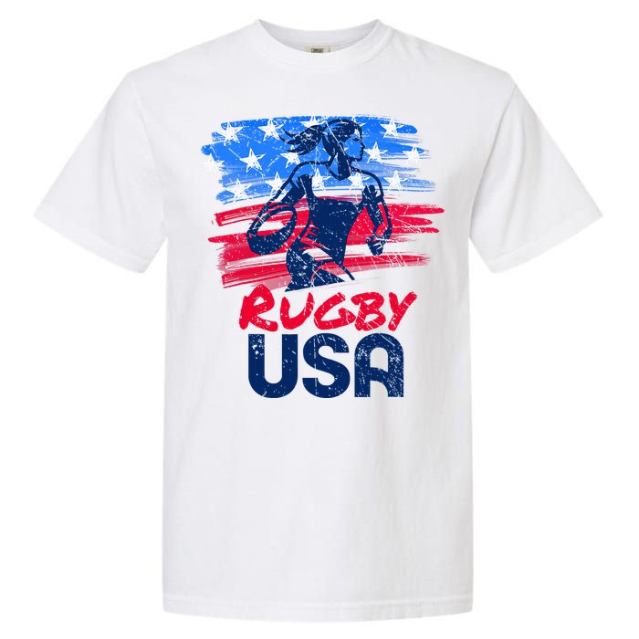 Rugby Usa Flag Women Player Rugby Sevens American Patriotic Garment-Dyed Heavyweight T-Shirt